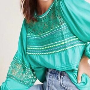 Anthropologie Bl^nk London Sunshine Peasant Lace Pintucked Top Green Lace Inset